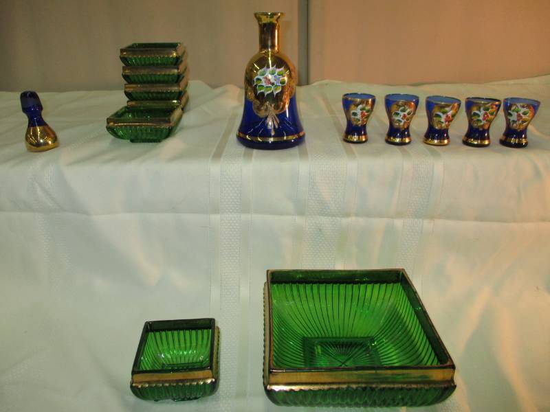 Blue Vintage Decanter set and  Green Serving Dishes
