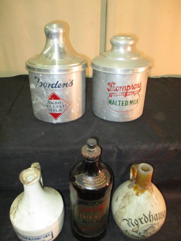 Borden and Thompsons Malted Milk Containers and Old Ink Jar and two other old jugs