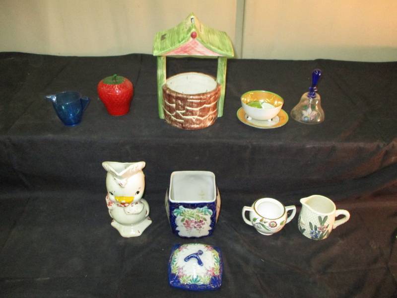 Vintage vases, antique Chicken Pitcher, and misc