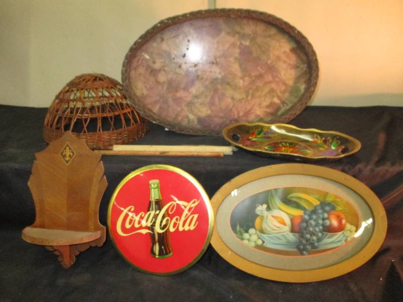 Wood Tray, Coke decor, basket, antique shelf and more