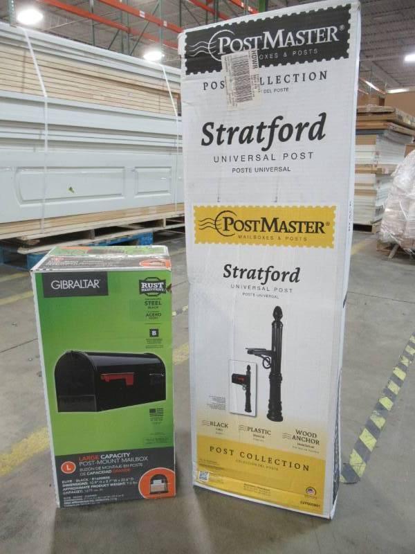 lot 24 image: Postmaster Stratford Universal Post, Plastic Black.  With Gibraltar Steel Mailbox.