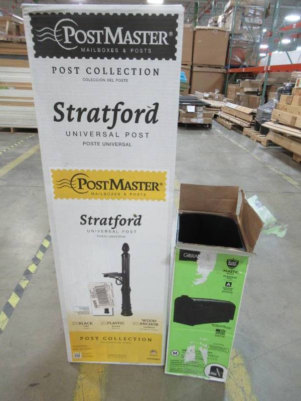 lot 25 image: Postmaster Stratford Universal Post, Plastic Black.  With Gibraltar Plastic Mailbox (Missing Door).