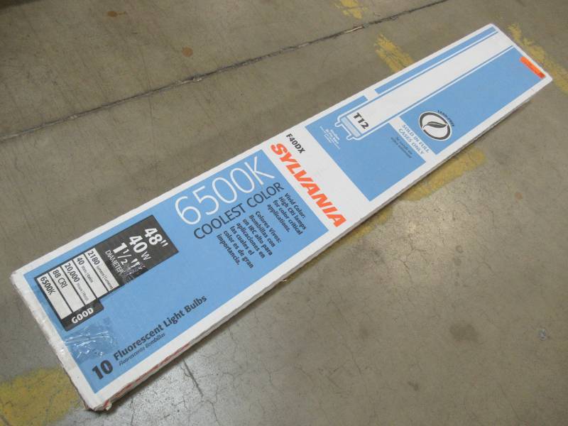 lot 90 image: Case of SYLVANIA 48-in 40w Medium Bi-pin (T12) 6500 K Daylight Fluorescent Light Bulbs (10-Pack), 22482 1 12 Dia