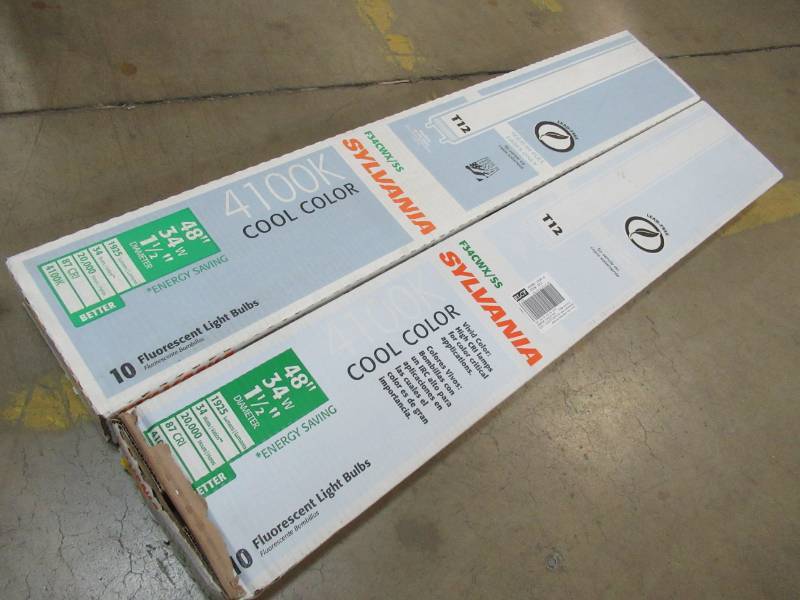 lot 121 image: 2 Cases of SYLVANIA 48 X 1 12 Dia 34w Medium Bi-pin (T12) 4100 K Cool White Fluorescent Light Bulbs (10-Pack) 22480