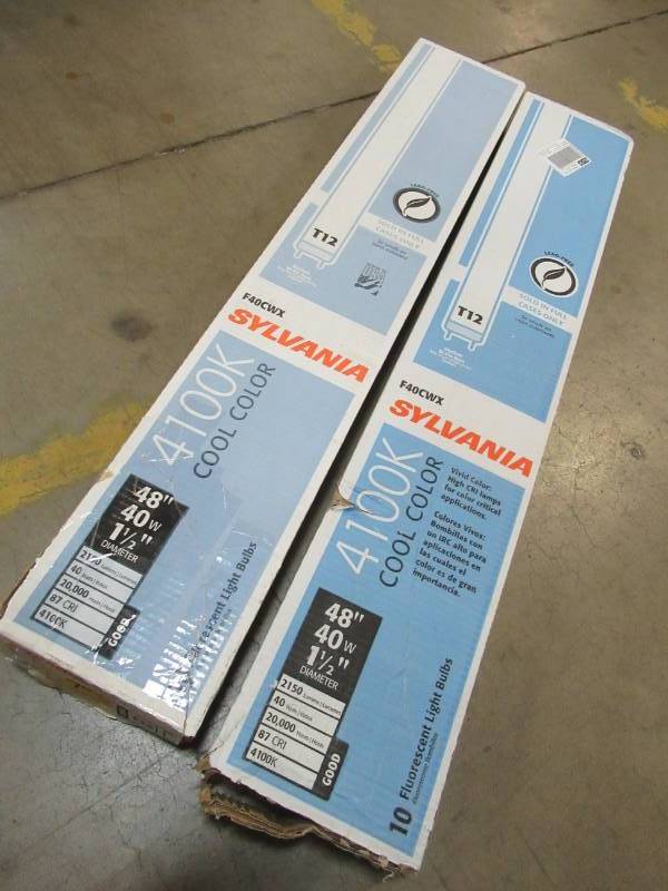 lot 94 image: 2 Cases of SYLVANIA 48 1 12 Dia. 40w Medium Bi-pin (T12) 4100 K Cool White Fluorescent Light Bulbs (10-Pack) 22479