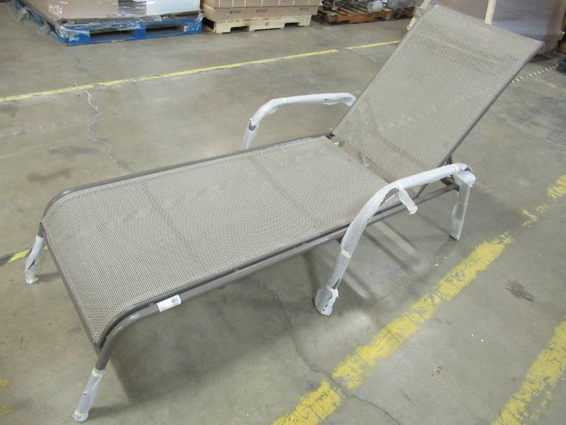 lot 149 image: Garden Treasures Driscol Brown Stackable Steel Chaise Lounge Chair with Tan Sling Seat FLS80102