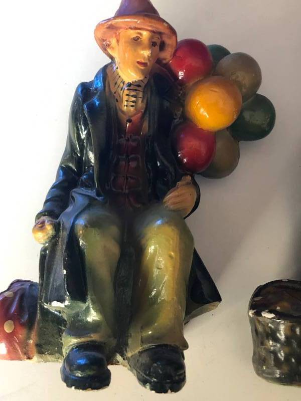 lot 13 image: Update These Are Simply Chalkware Not Royal Doulton Balloon Man & Lady Balloon Pair Minor Chips No Cracks But Age Related Wear To Paint In Areas