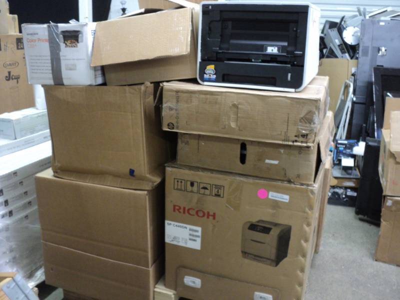 Pallet of printers, shredder, refri...