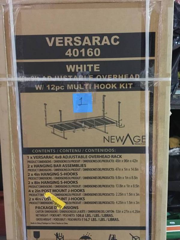 lot 1 image: NewAge Products Versarac 48 in. W x 18 in. H x 96 in. D Adjustable Ceiling Storage Rack with Hooks in White (12-Piece) not used
