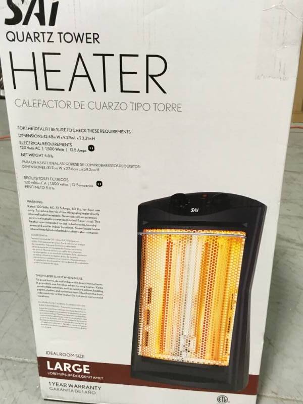 lot 15 image: SAI 1500-Watt Quartz Tower Heater, Black in like new condition