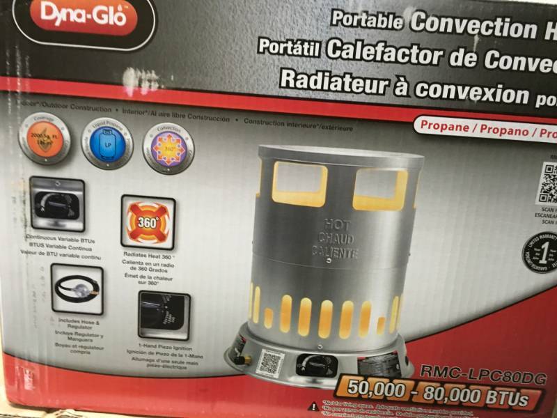 lot 27 image: Dyna-Glo 50K - 80K BTU LP Convection Heater in like new condition