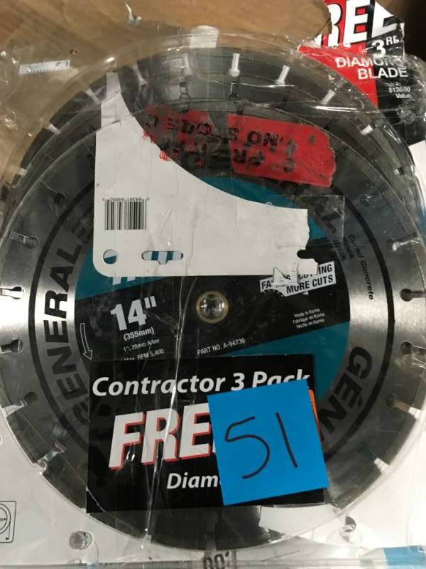 lot 51 image: Makita 14 in. Segmented Rim General Purpose Diamond Blade (3-Pack) for use with Power Cut Saws open box in like new condition