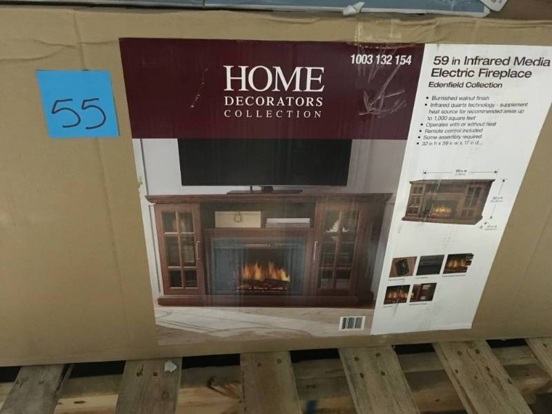lot 55 image: Home Decorators Collection Edenfield 59 in. Freestanding Infrared Electric Fireplace TV Stand in Burnished Walnut open box in like new condition