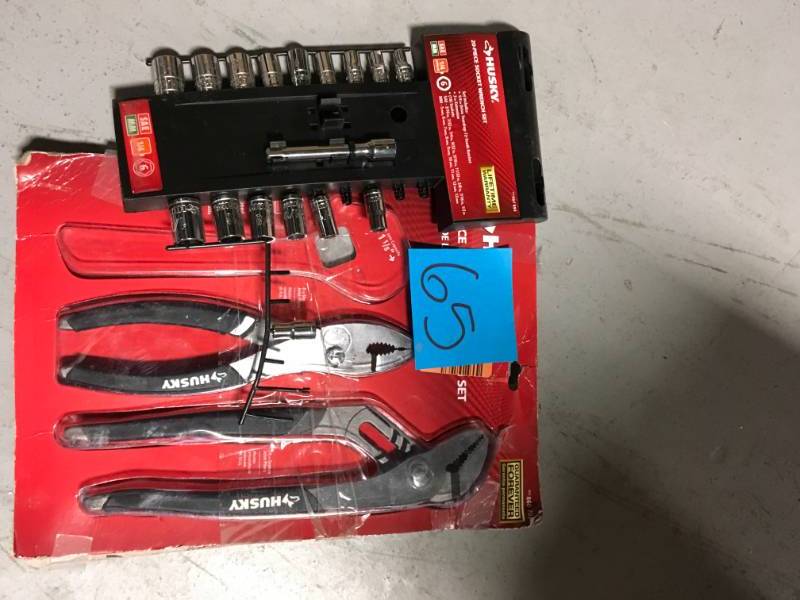 lot 65 image: Lot of Two (1) Husky 14 in. Drive SAEMetric Standard Socket Set (20-Piece) Missing 4 pcs Plus (2) Husky Pliers and Wrench Set (3-Piece) Missing 1 pc