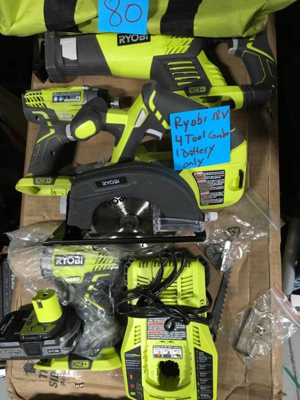 lot 80 image: Ryobi 18-Volt ONE Lithium-Ion Cordless 4-Tool Super Combo Kit with (1) 1.3 Ah Battery ONLY, Dual Chemistry Charger, and Tool Bag in very good condition