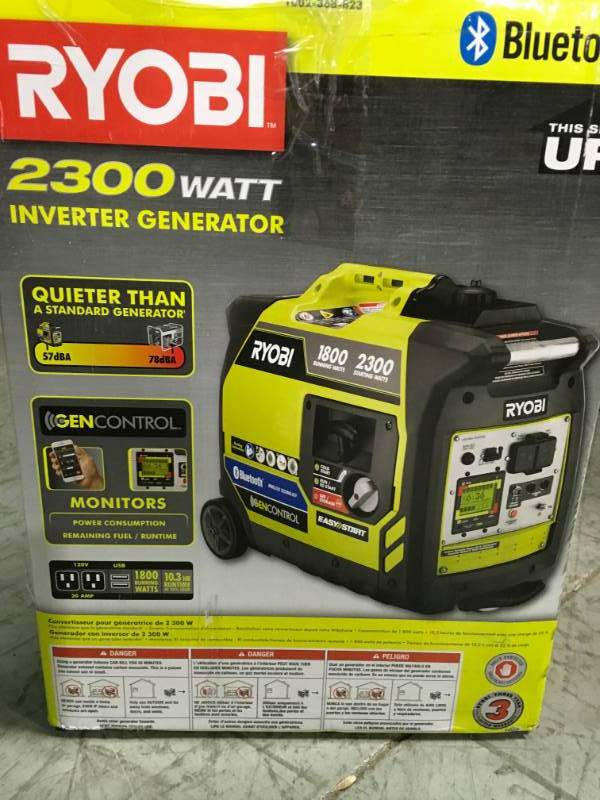 lot 82 image: Ryobi Bluetooth 2,300-Watt Super Quiet Gasoline Powered Digital Inverter Generator open box in like new condition
