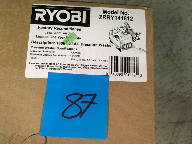 lot 87 image: Ryobi Reconditioned 1,600 PSI 1.2 GPM Electric Pressure Washer in good working condition