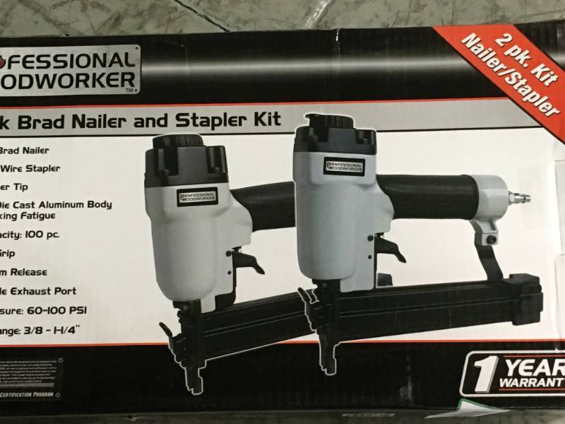 lot 94 image: Professional Woodworker 1-14 in. x 18-Gauge Brad Nailer and Narrow Crown Stapler Combo Kit open box in like new condition