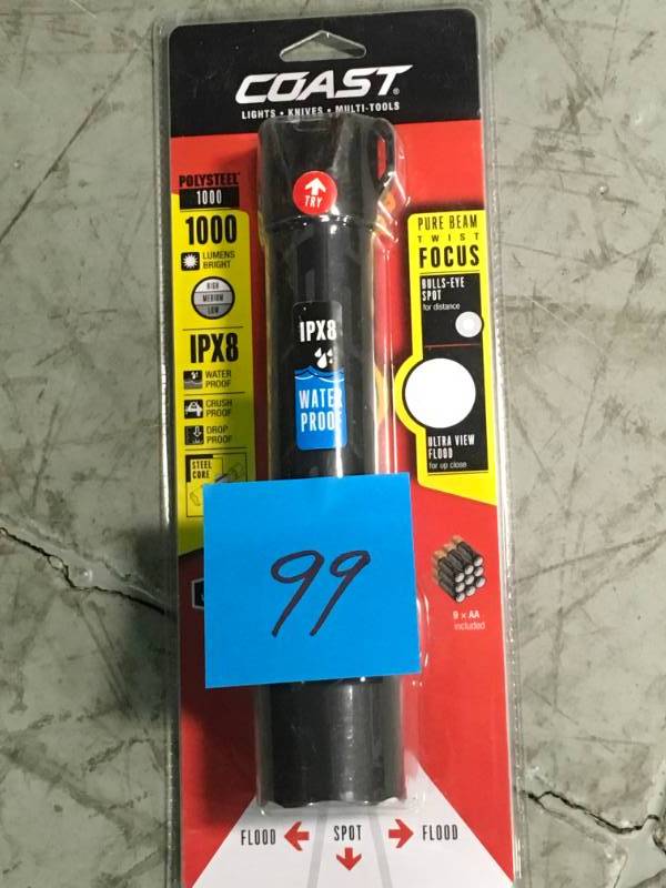 lot 99 image: Coast Polysteel 1000 Heavy Duty 1,000 Lumen Waterproof LED Flashlight with Twist Focus open box in like new condition