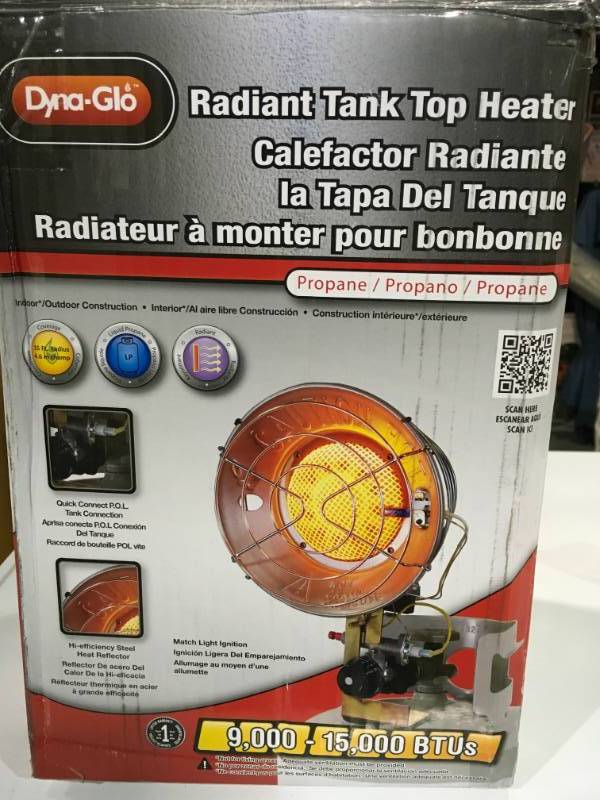 lot 10 image: Dyna-Glo 15K LP Single Tank Top Infrared Heater -open box in like new condition