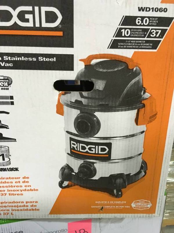 lot 19 image: RIDGID 10 Gal. 6.0 Peak HP Stainless Wet Dry Vac open box in like new condition