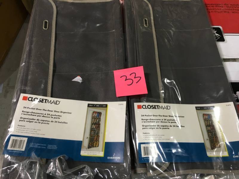 lot 33 image: ClosetMaid 31496 24-Pocket Over-the-Door Shoe Organizer, Gray LOT OF 2 not used
