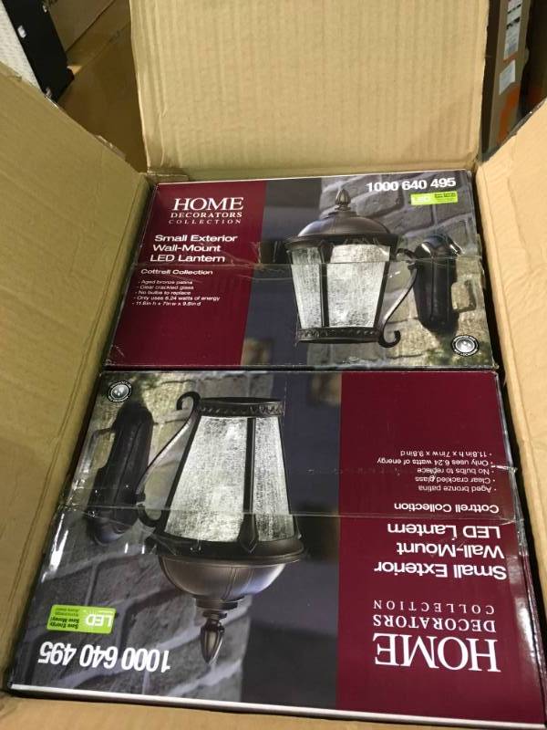 lot 39 image: Home Decorators Collection Aged Bronze Patina Outdoor LED Wall Lantern LOT OF 2 not used