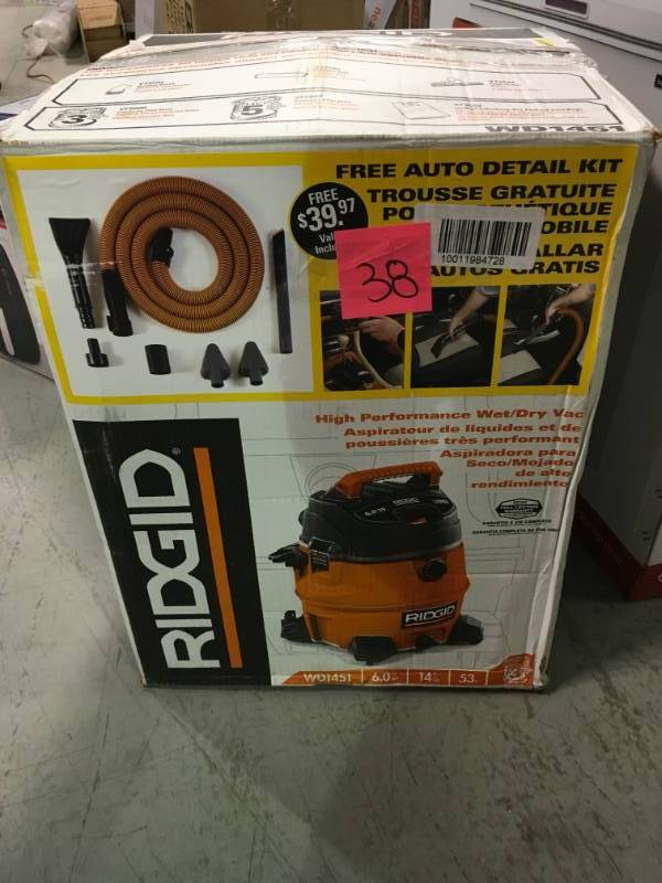 lot 38 image: RIDGID 14 Gal. 6.0-Peak HP Wet Dry Vac with Auto Detail Kit open box in like new condition