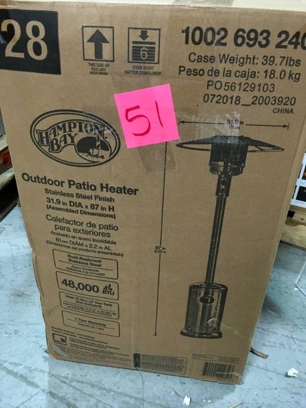 lot 51 image: Hampton Bay 48000 BTU Stainless Steel Patio Heater open box in like new condition