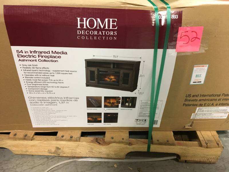 lot 52 image: Home Decorators Collection Ashmont 54 in. Freestanding Electric Fireplace TV Stand in Gray Oak open box in like new condition