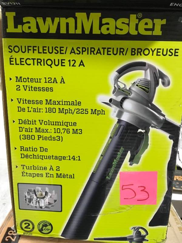 lot 53 image: Lawnmaster 180 MPH-225 MPH 380 CFM 12 Amp Electric Leaf BlowerMulcherVacuum open box in like new condition