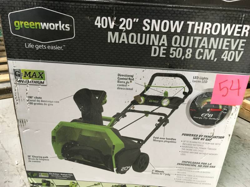 lot 54 image: Greenworks Digi-Pro GMAX 20 in. 40-Volt Cordless Electric Snow Blower - Battery and Charger Included open box in like new condition