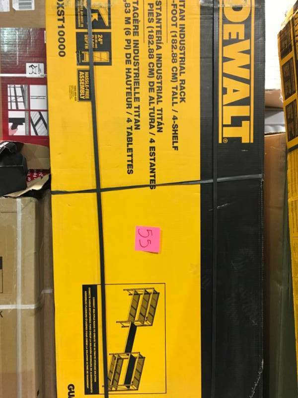 lot 55 image: DEWALT 72 in. H x 77 in. W x 24 in. D 4-Shelf SteelLaminate Expandable Industrial Storage Rack Unit in Yellow open box in like new condition