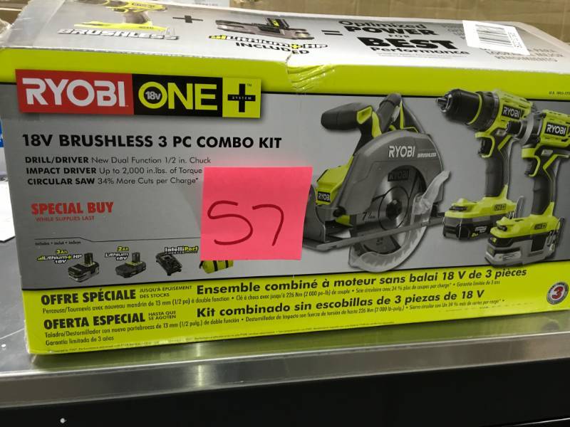 lot 57 image: Ryobi P1837 18-Volt ONE Li-Ion Cordless Brushless 3-Tool Combo Kit with DrillDriver, Impact Driver, Circular Saw open box in like new condition