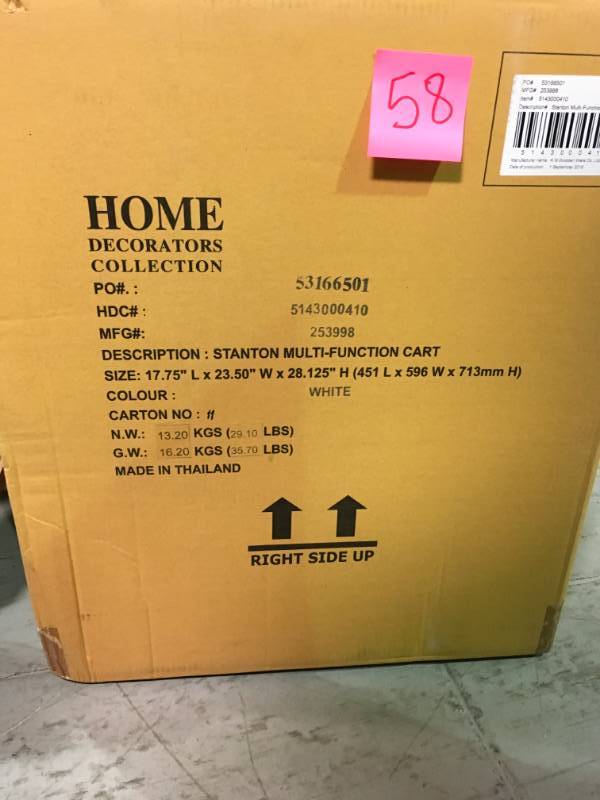 lot 58 image: Home Decorators Collection Stanton 20 in. W Multi-Function 3-Shelf Storage Cart in White open box in like new condition