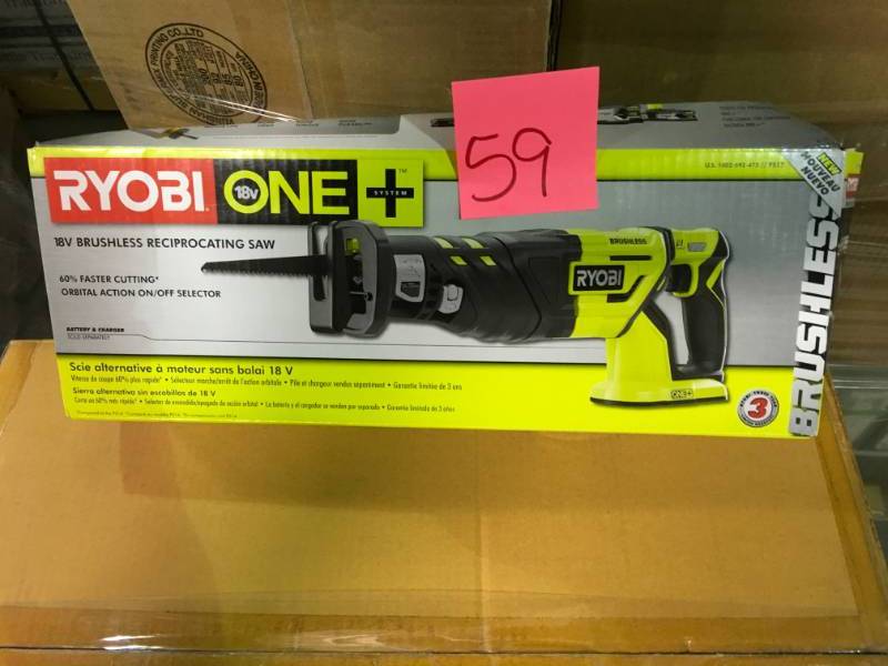 lot 59 image: Ryobi P517 18-Volt One Brushless Reciprocating Saw open box in like new condition
