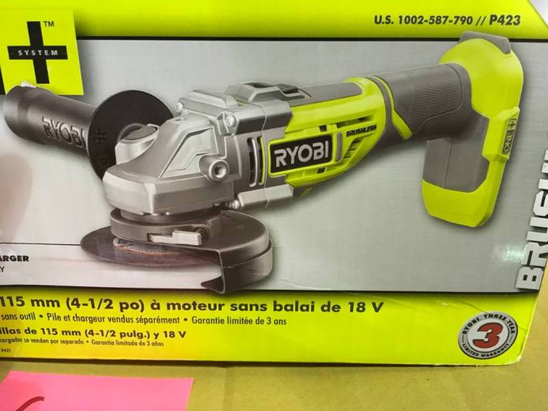 lot 60 image: Ryobi 18-Volt ONE Cordless Brushless 4-12 in. Cut-Off ToolAngle Grinder (Tool Only) open box in like new condition