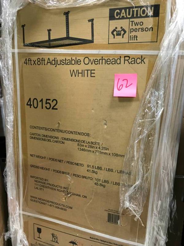 lot 62 image: NewAge Products Performance 96 in. L x 48 in. W x 42 in. H Adjustable VersaRac Ceiling Storage Rack in White open box in like new condition