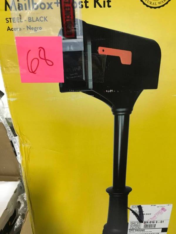 lot 68 image: Architectural Mailboxes Roxbury Black Steel Post Mount Mailbox and Premium Steel Post Combo open box in like new condition