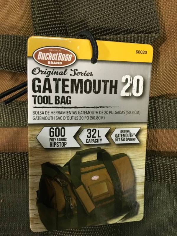 lot 76 image: Bucket Boss Gatemouth 20 in. Tool Bag, Brown and Green