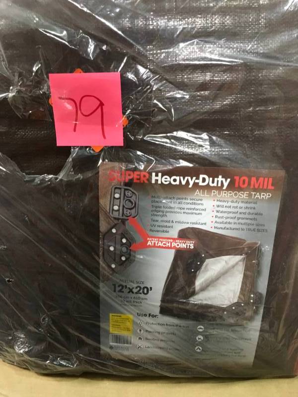lot 79 image: TAFCO PRODUCTS 12 ft. x 20 ft. Super Corner Heavy-Duty BrownSilver Reversible Poly 10 mil Tarp Kit Include 4 Free Bungee Hook Tie Down open box in like new condition