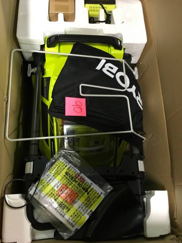 lot 90 image: Ryobi 20 in. 40-Volt Brushless Lithium-Ion Cordless Battery Walk Behind Push Lawn Mower - 5.0 Ah BatteryCharger Included open box in like new condition