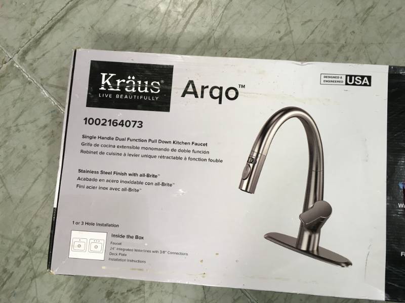 lot 100 image: KRAUS Arqo Single-Handle Pull-Down Sprayer Kitchen Faucet in Stainless Steel  open box in like new condition