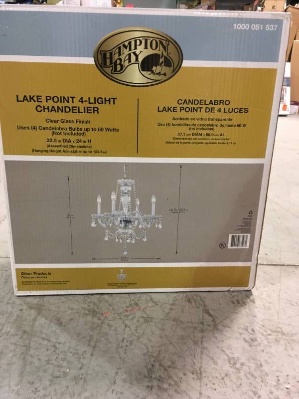 Hampton Bay Lake Point 4-Light Chrome and Clear Crystal Chandelier not used