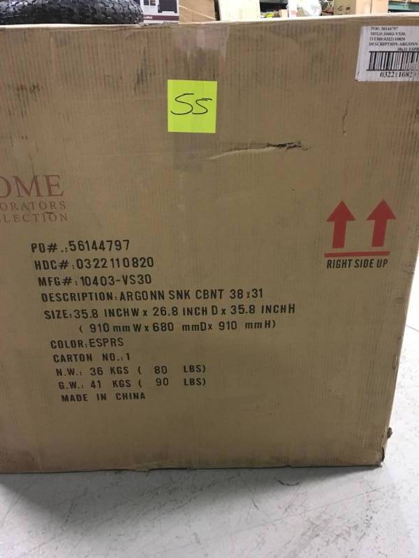Home Decorators Collection Argonne 31 in. W x 22 in. D Bath Vanity in Espresso with Marble Vanity Top in Brown with Glass Basin not used