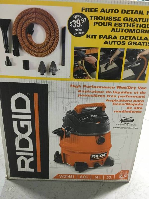 RIDGID 14 Gal. 6.0-Peak HP Wet Dry Vac with Auto Detail Kit not used