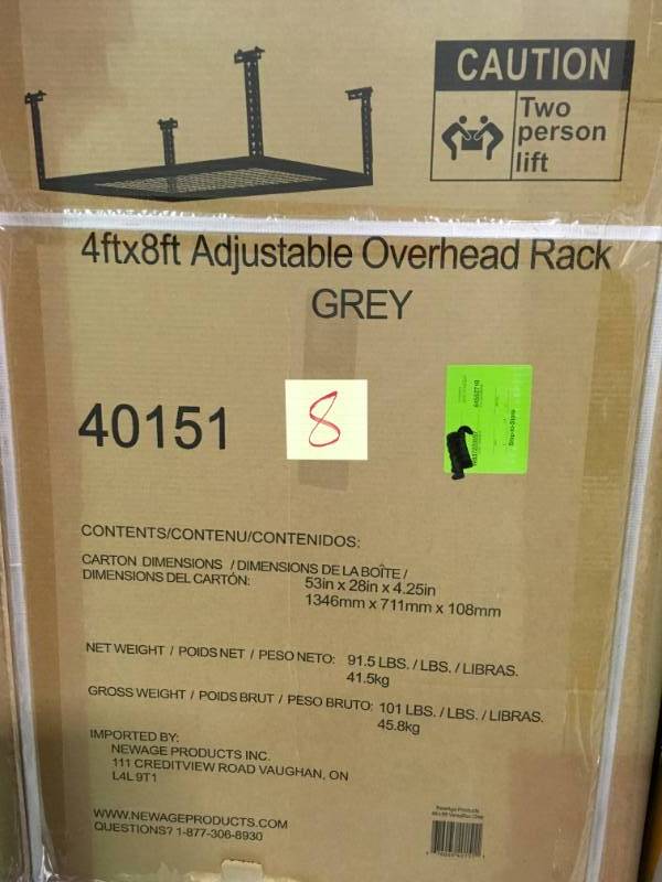 lot 8 image: NewAge Products Performance 96 in. L x 48 in. W x 42 in. H Adjustable VersaRac Ceiling Storage Rack in Gray not used