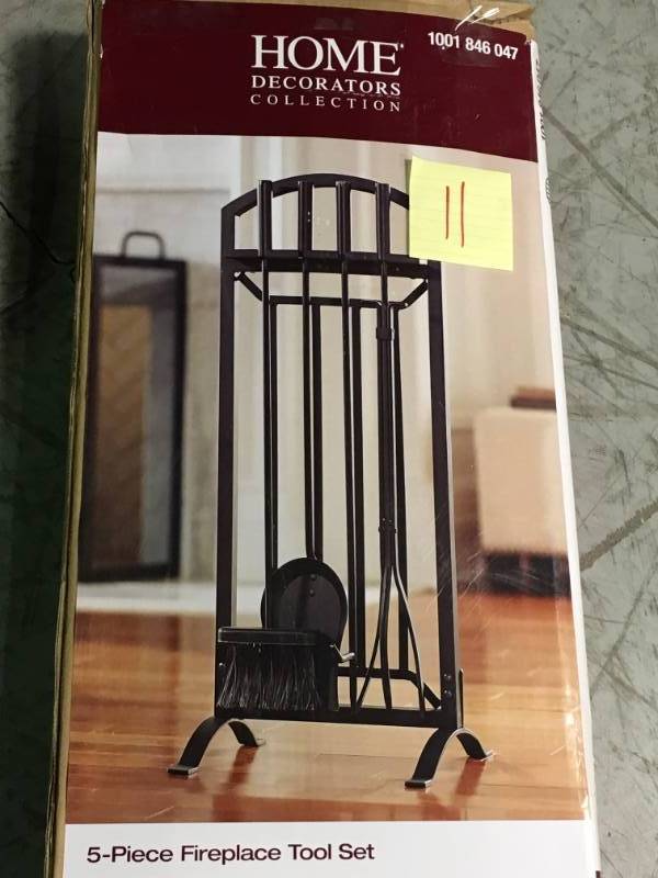lot 11 image: Home Decorators Collection Universal 5-Piece Fireplace Tool Set in Black open box in like new condition