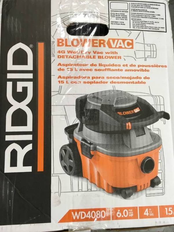 lot 14 image: RIDGID 4 Gal. 6.0-Peak HP Wet Dry Vac with Detachable Blower open box in like new condition