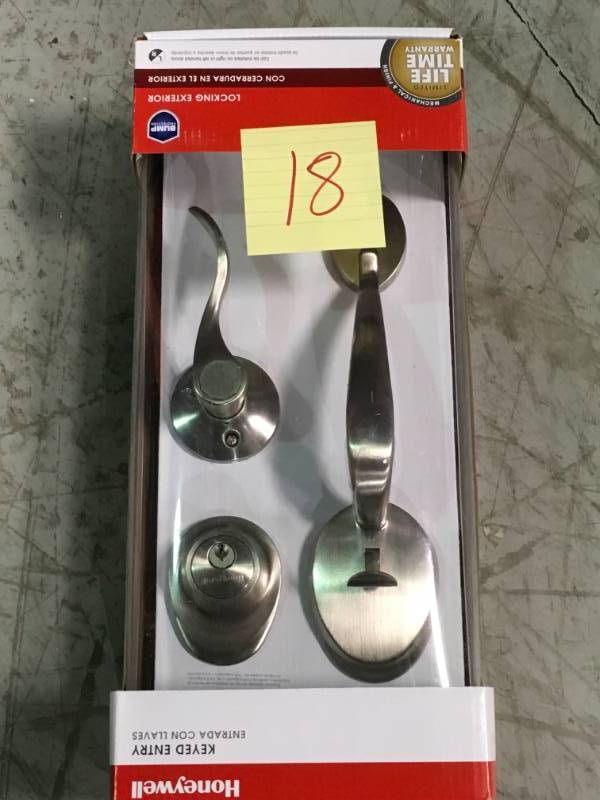 lot 18 image: Honeywell 2.4 in. Satin Nickel Wave Lever Door Lock Door Handleset open box in like new condition